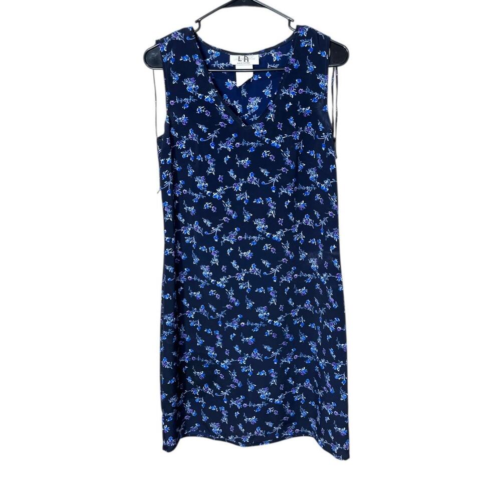 Vintage Los Angeles Gal Navy Floral Print V neck Sleeveless Knee Length Dress 6